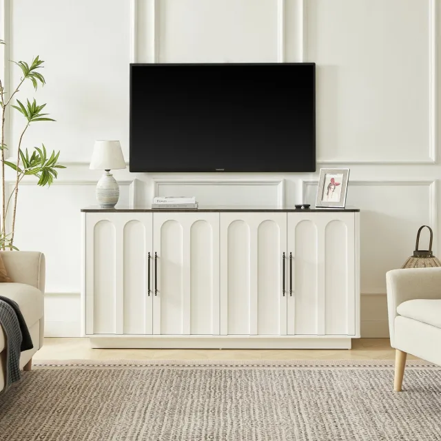 Wishdor Dressoir - 4 deuren met soft-close en anti-kantelset - klassieke bogenfront - woonkamer of eetkamer - houtlook - wit zwart - 160 x 40 x 80 cm