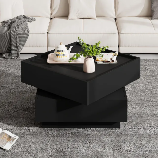 Merax Woonkamer salontafel 60x60x38 cm - 360° draaibaar - met twee lagen trays en opbergruimte - bijzettafel - zwart