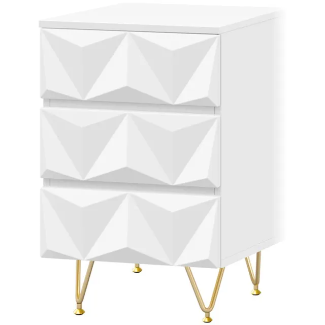 Corenia Nachtkastje – 3D-Effect Laden – Opbergkast met 3 Lades – Modern & Stijlvol – Metalen Poten – 40x53x40 cm – Wit