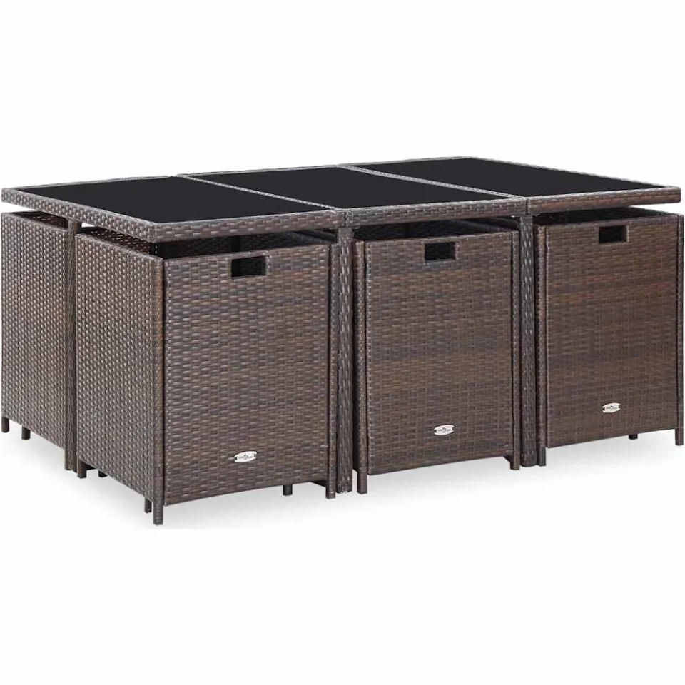 vidaXL 11-delige Tuinset met kussens poly rattan bruin