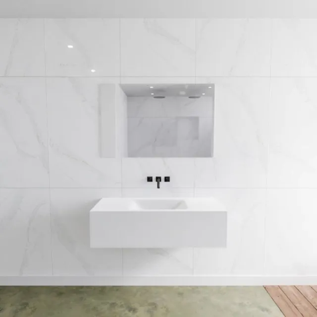 Mondiaz Badkamermeubelset Mondiaz LAGOM 110 cm Gecentreerde Waskom Solid Surface Zonder Kraangaten Mat Wit (1 lade)