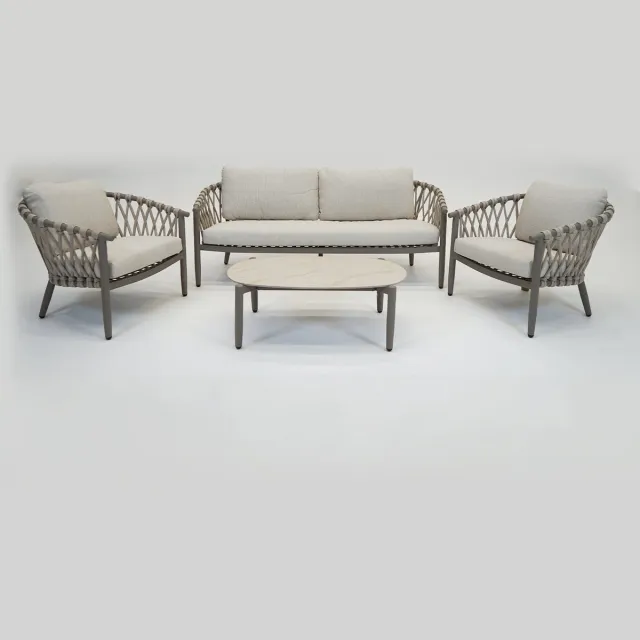 VITA Monza loungeset 4 delig - Weersbestendig Rope - Creme - Aluminium gepoedercoat onderstel - Met kussens - Met tafel - Vita tuinmeubelen Taupe