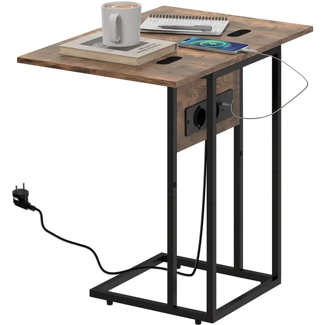 Lunpog Bijzettafeltje voor naast de bank met oplaadstation - opklapbaar blad - 39 x 29 x 57 cm - rustiek bruin en zwart