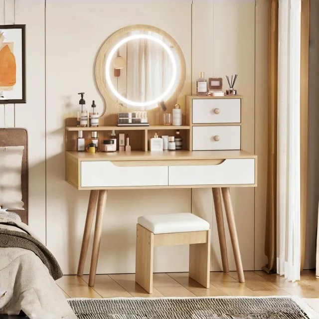 HAUSS SPOLE Kaptafel - Met Spiegel, Instelbare Ledverlichting En Kruk - Met Laden En Kastjes Voor Slaapkamer - MDF - Naturel Natuurlijk Hout