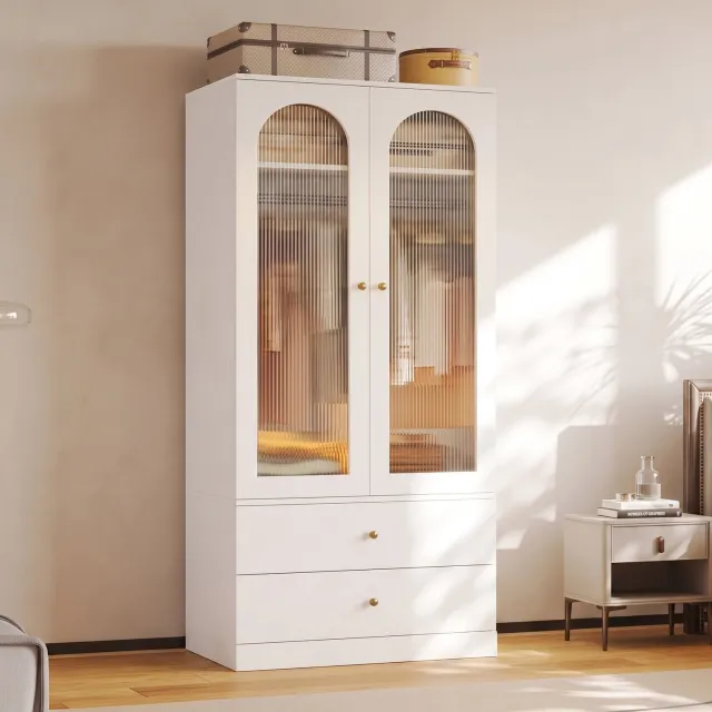 Wishdor Kledingkast met 2 glasdeuren en 2 laden - Kledingstang - Geribbeld glas en goudkleurige knoppen - Modern - Slaapkamer kinderkamer kantoor - MDF en glas - Wit - 90 x 50 x 200 cm