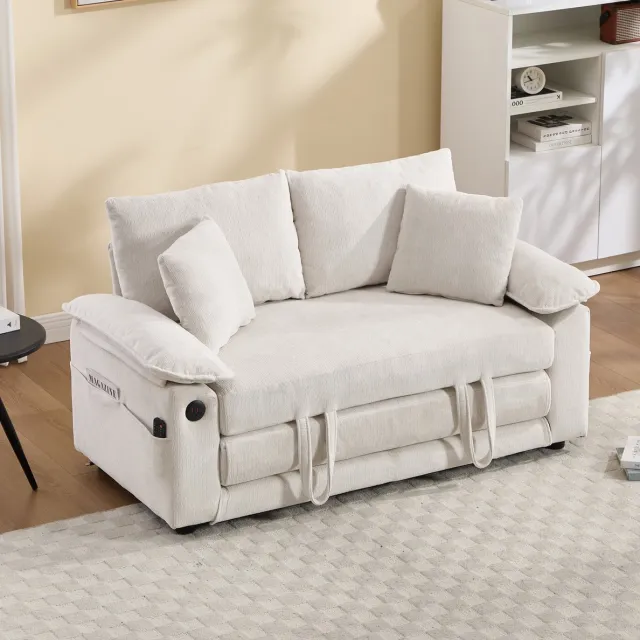DESMIU Slaapbank 135 cm - Drie Functies Opklapbare Futon Met Zijvakken - 2-Zits Voor Woonkamer En Slaapkamer - Chenille Wit