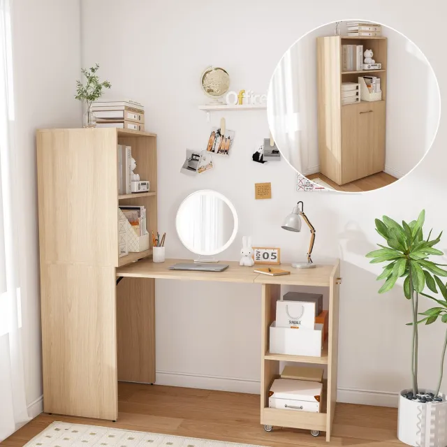 DESMIU Bureau - Uitschuifbaar Schrijfbureau Met Opbergkast En Verstelbare Legplanken - Voor Kleine Woningen - MDF - 126x40x136 Cm - Naturel Natuurlijke houtkleur