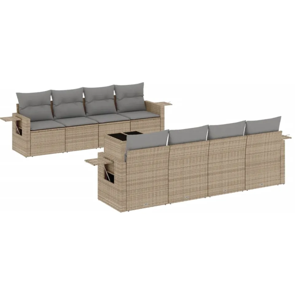 vidaXL 9-delige Loungeset met kussens poly rattan beige