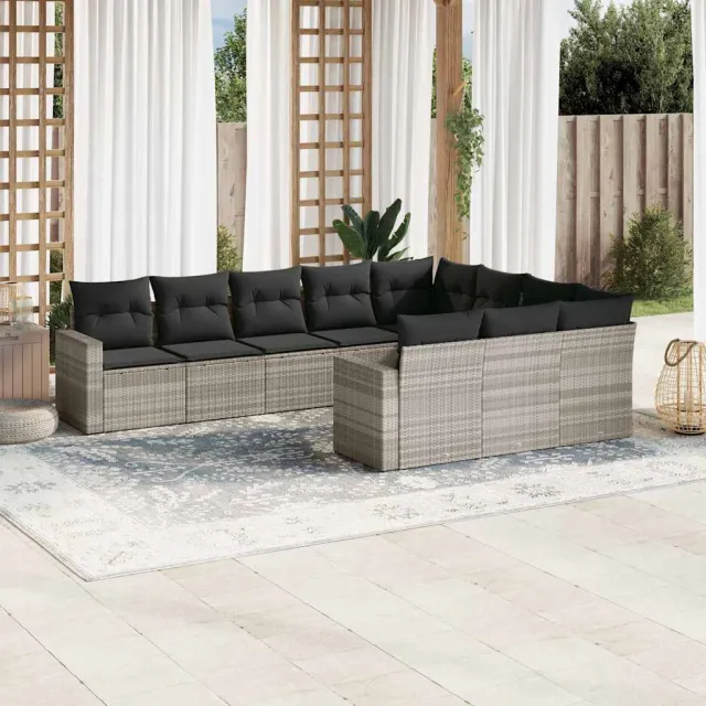vidaXL 10-delige Loungeset met kussens poly rattan lichtgrijs grijs, foto 2