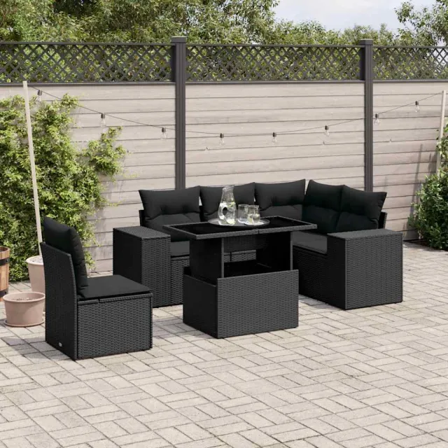 vidaXL 6-delige Loungeset met kussens poly rattan zwart, foto 2