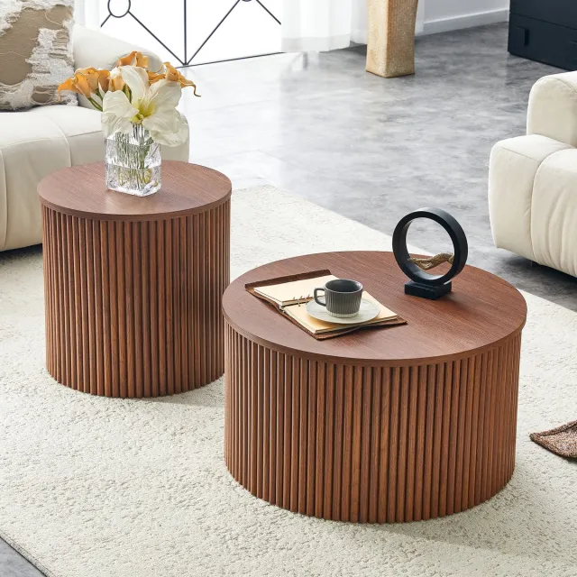OKWISH Salontafelset - 2-delige Nesttafels Met Verborgen Opbergruimte - Woonkamer Slaapkamer - MDF Walnootkleur