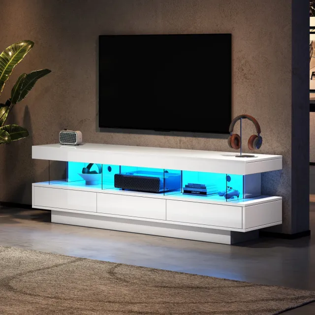 REDOM Tv-meubel 160x38x50.5 cm – Moderne lowboard met LED-verlichting & app-bediening, wit hoogglans, 3 glazen vakken – Tv-kast met kabelmanagement voor woonkamer