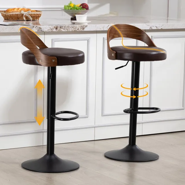 MIVRAY Barkruk 62-83 Cm - Set Van 2 Draaibare En Hoogte Verstelbare Krukken Met Rugleuning - Voor Keuken En Bar - Bruin PU