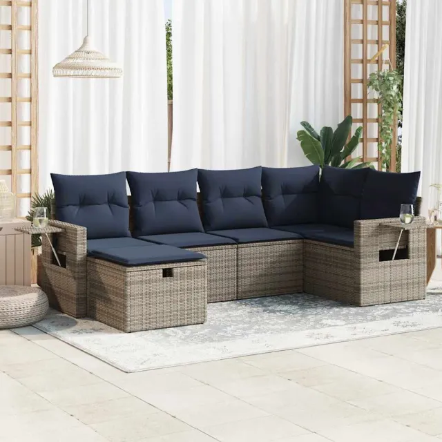 vidaXL 6-delige Loungeset met kussens poly rattan grijs, foto 2