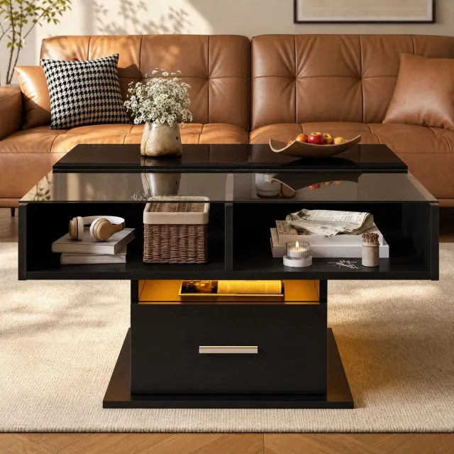 MEUNIQ salontafel 78 x 78 cm met verstelbare hoogte 45,5–59,5 cm, LED-verlichting, lade, open vak en glazen inlegblad voor woonkamer, zwart