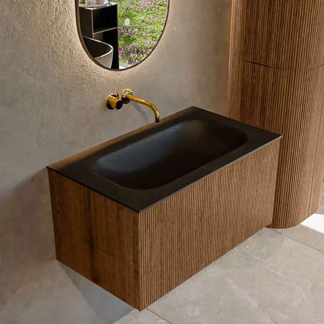 Mondiaz KURVE 80 cm Onderkast Greeploos 1 Lade Zonder Deuren Walnut, Wastafel Solid Surface Volledig Urban 0 Kraangaten Zonder Spiegel (KRVBGS801L0D0KM-Wal/Urb)