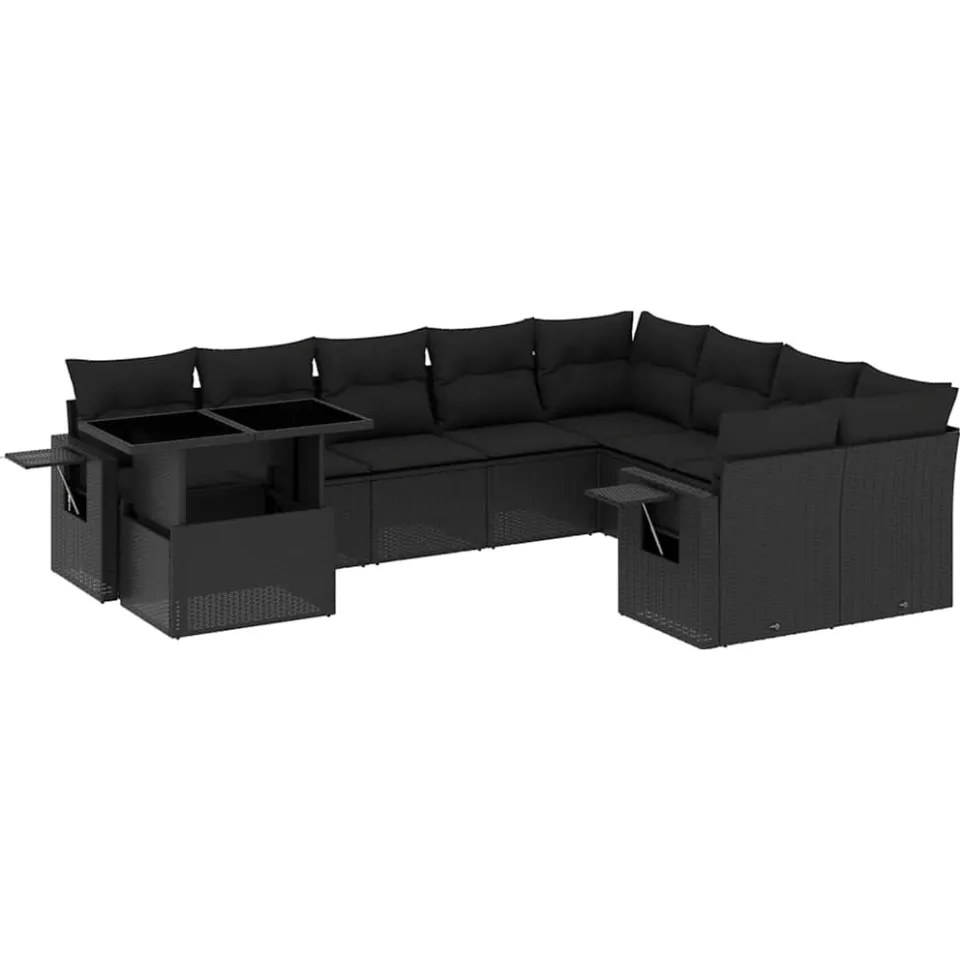 vidaXL 10-delige Loungeset met kussens poly rattan zwart, foto 3
