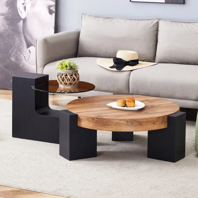 REDOM Salontafel set rond Ø61x30 cm, MDF en glas met onderblad Zwart