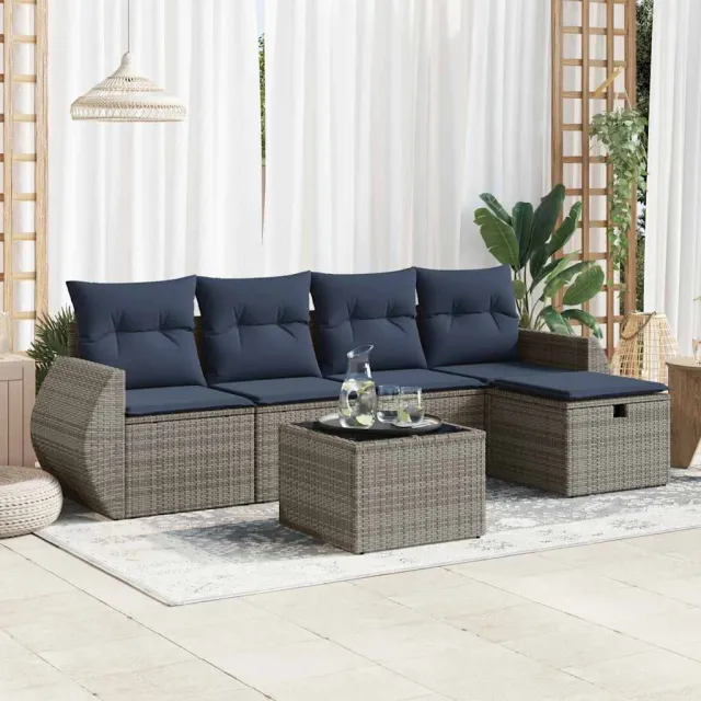 vidaXL 6-delige Loungeset met kussens poly rattan grijs, foto 2