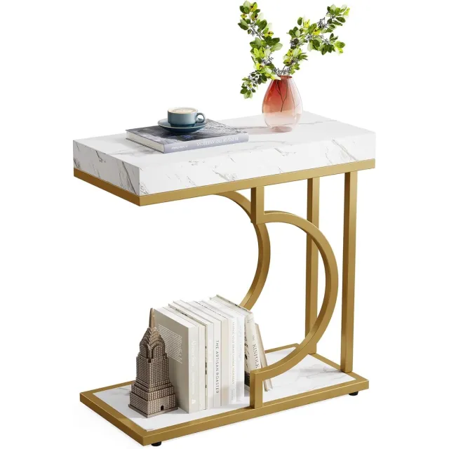Tribesigns Bijzettafel - Bedtafel - Zijtafel - Modern - 60 x 30 x 60 cm - Nachtkastje Kleine Salontafel - Wit en Goud