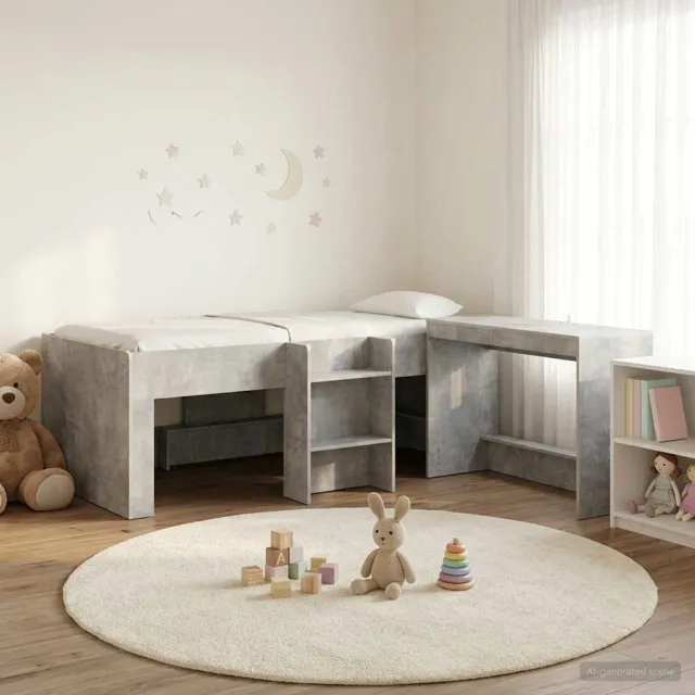 vidaXL Hoge Bed Frame met Bureau voor Kinderen Betongrijs 75 x 190 cm grijs