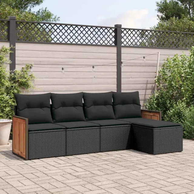 vidaXL 5-delige Loungeset met kussens poly rattan zwart, foto 2