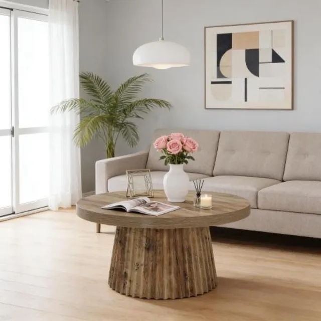 REDOM Tafel - Ronde salontafel met 80 cm blad - Riffelzuilbasis - Krasbestendig oppervlak - Modern - Woonkamer of loft - MDF - Bruin - 80 x 80 x 45 cm