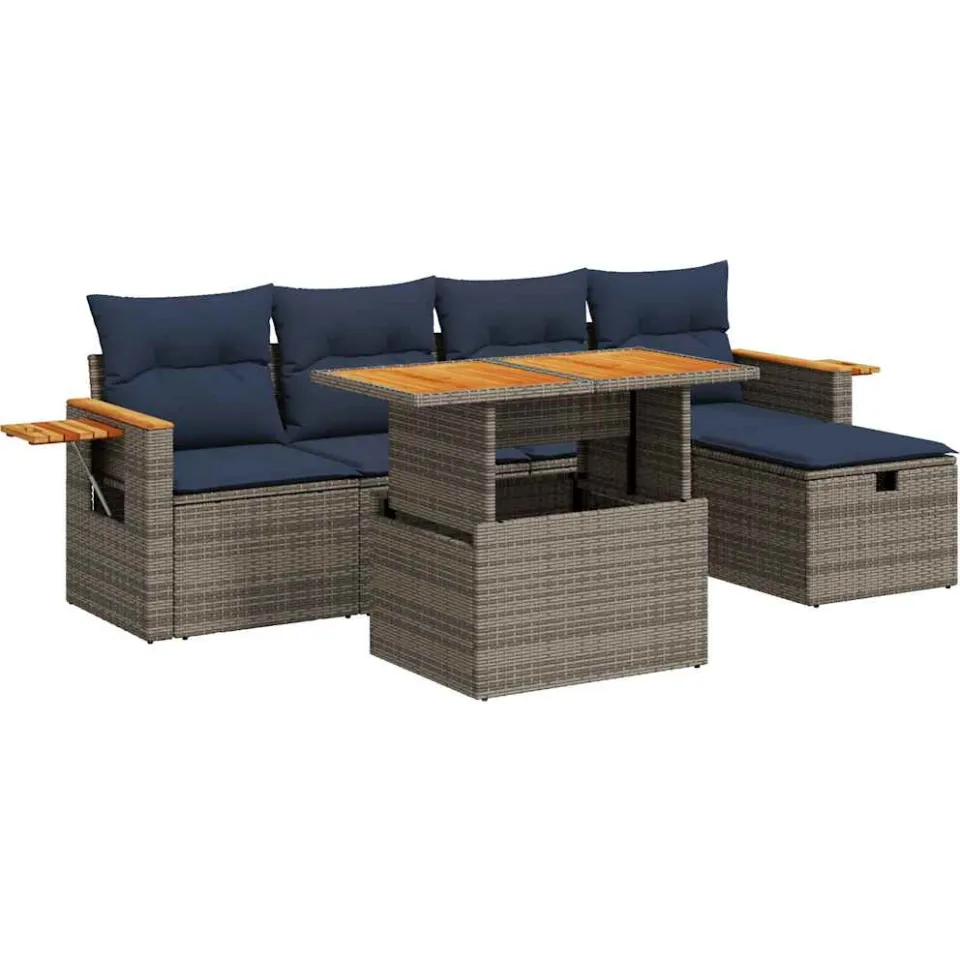 vidaXL 6-delige Loungeset met kussens poly rattan acacia grijs, foto 3
