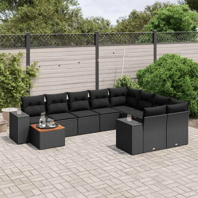vidaXL 10-delige Loungeset met kussens poly rattan zwart, foto 2