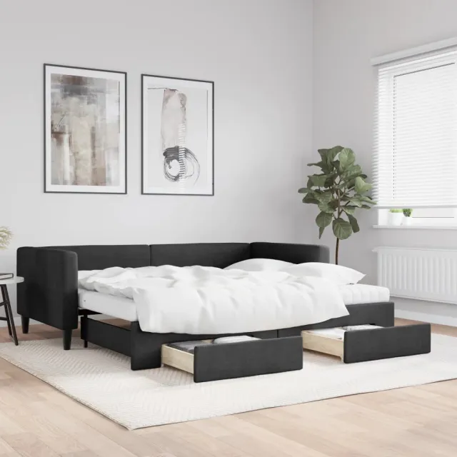 vidaXL Slaapbank met onderschuifbed en lades 90x200 cm stof zwart