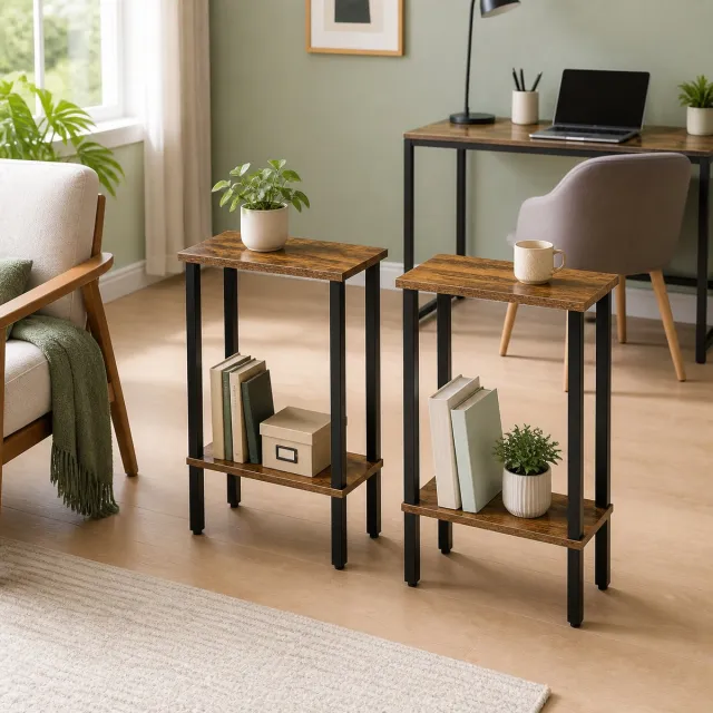 Trankielo 2-laags bijzettafel set van 2 - Compacte salontafels voor kleine ruimtes - Vintage bruin en zwart Rustiek bruin + Zwart
