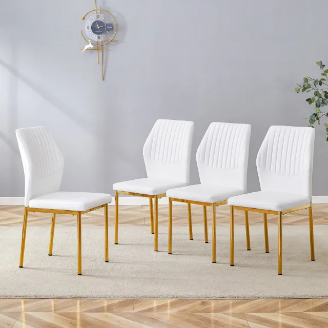 Welltin Eetkamerstoelen Set Van 4 - Eetkamerstoel - Eetkamerstoelen - Ergonomisch - Verticale embossing - Gewatteerde zitting - PU - Metalen stoelpoten - Modern Design - Wit, goud