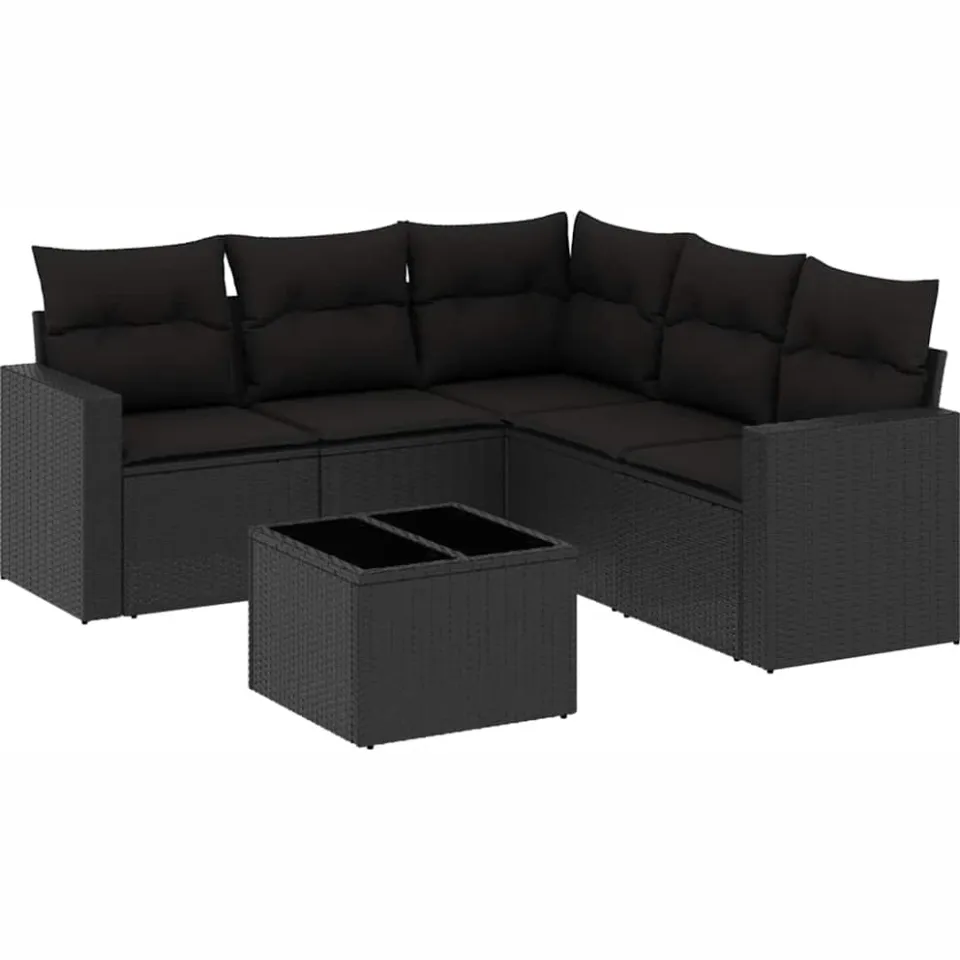 vidaXL 6-delige Loungeset met kussens poly rattan zwart, foto 3