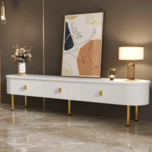 REDOM TV-meubel 174x35x41 cm van MDF, wit met gouden grepen en poten, modern design met 3 lades en afgeronde randen