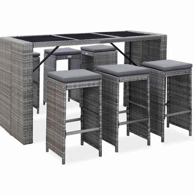 vidaXL 7-delige Tuinbarset met kussens poly rattan grijs