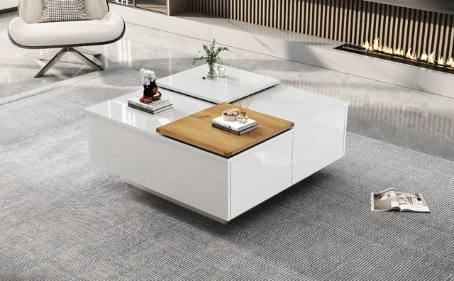 STILVORA Salontafels - Bijzettafel Vierkant Met 4 Lades En Verschoven Bovenplaat - 75x75x33.5 cm - Spaanplaat - Wit/Natuur