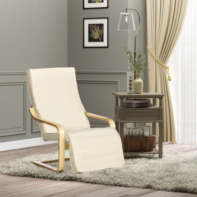 FloraGrace Relaxfauteuil - 66,5 x 94 x 100 Cm - Verstelbare Voetensteun In 5 Standen - Voor Woonkamer Of Leeshoek - Hout En Stof - Crèmewit Cream White