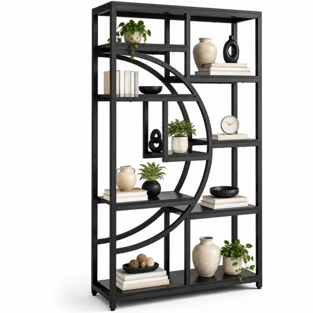 Wishdor Boekenkast - Geometrisch open rek - Industrieel design - Vrijstaand - Metaal en hout - Zwart - Voor woonkamer, slaapkamer of kantoor - 95 x 30 x 175 cm