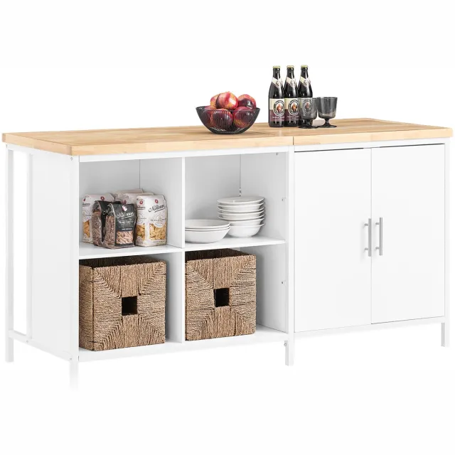 SoBuy KNL09-WN Kookeiland - Wit Houtcomposiet met Bar & Wielen Wit|Naturel