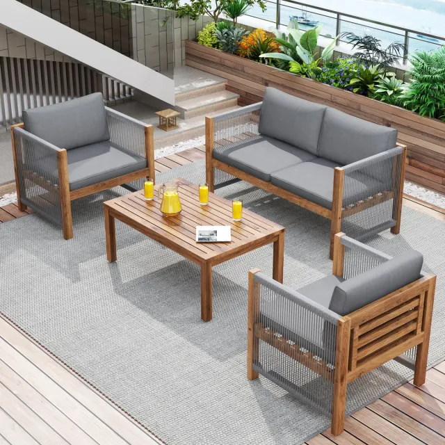 Clruro Loungeset - 3-zits + 2 Stoelen + Tafel - Rattan Look - Akazie - Grijs