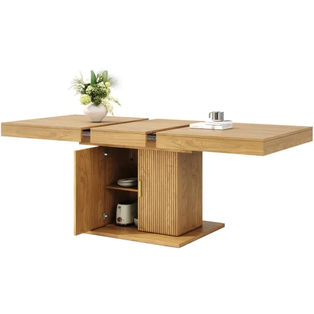 MODFU Uitschuifbare Eettafel - Opbergkast - Verticale Ribbels - MDF - Houtkleur - 140-180 Cm