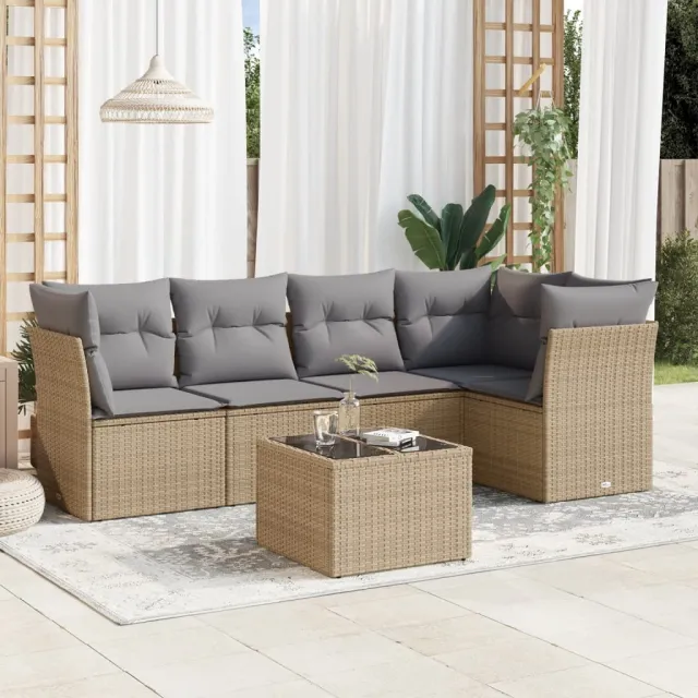 vidaXL 6-delige Loungeset met kussens poly rattan beige, foto 2
