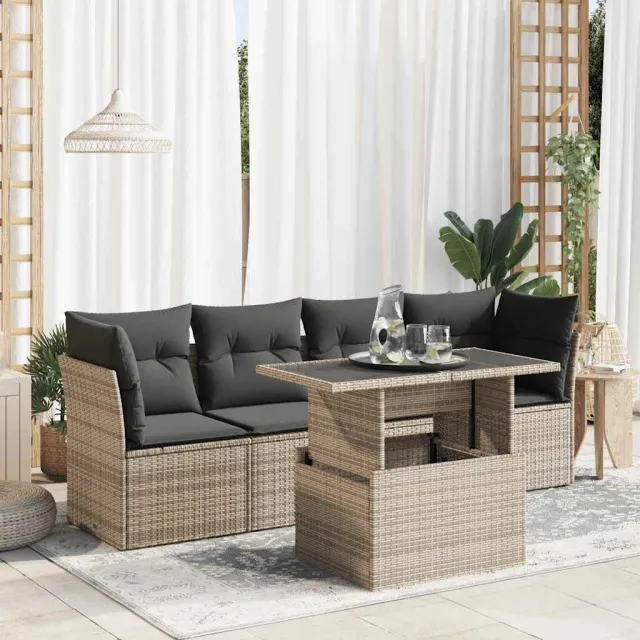 vidaXL 5-delige Loungeset met kussens poly rattan grijs, foto 2