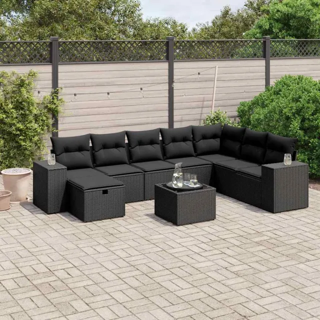 vidaXL 9-delige Loungeset met kussens poly rattan zwart, foto 2