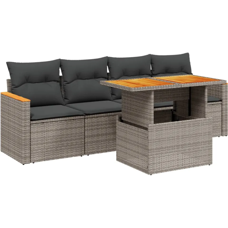 vidaXL 5-delige Loungeset met kussens poly rattan grijs, foto 3