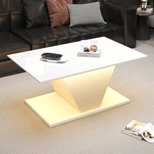 MUVANO Witte Hoogglans Salontafel - Salontafel Met Led Verlichting - Moderne Bijzettafel-V-Vormig Design - 100x50x46 cm- App Bestuurbaar- Woonkamer Wit
