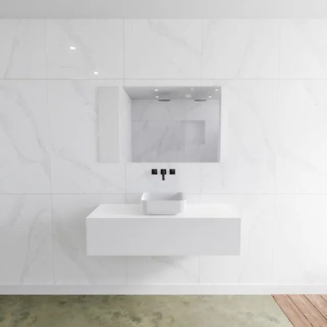 Mondiaz Badkamermeubelset Mondiaz LAGOM 120 cm met Topblad Gecentreerde Wastafel Solid Surface Opzetkom Binx Zonder Kraangaten Mat Wit (1 lade)