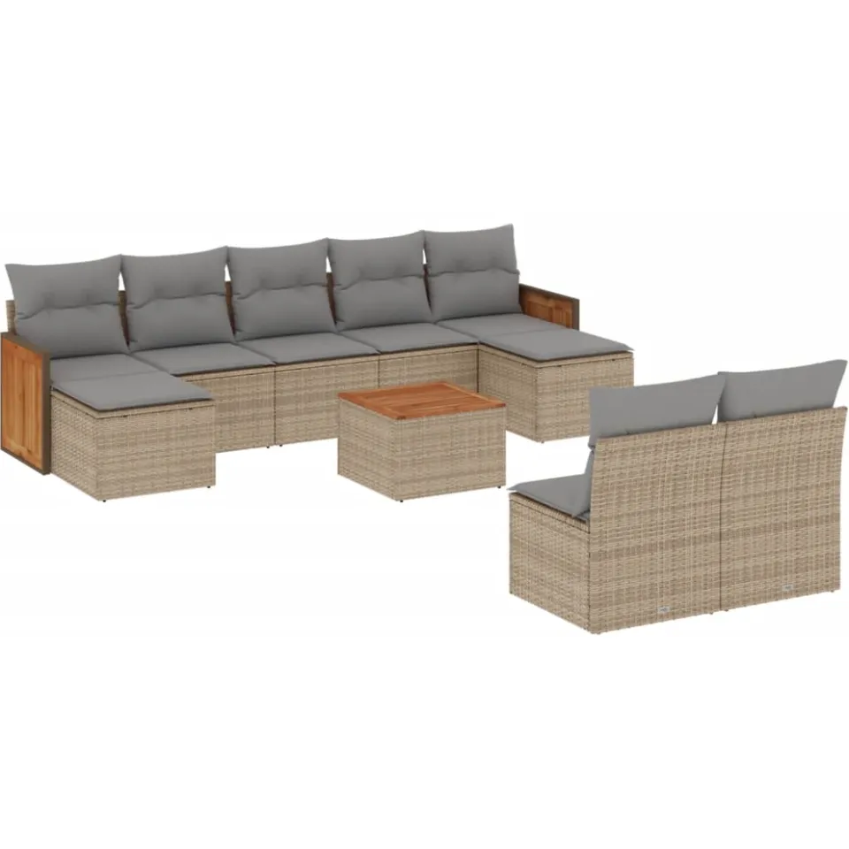 vidaXL 10-delige Loungeset met kussens poly rattan beige, foto 3