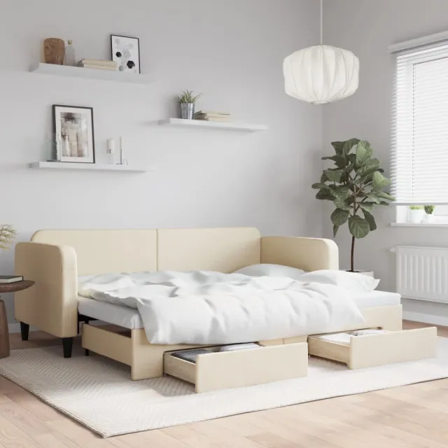 vidaXL Slaapbank met onderschuifbed en lades 80x200 cm stof crèmekleur