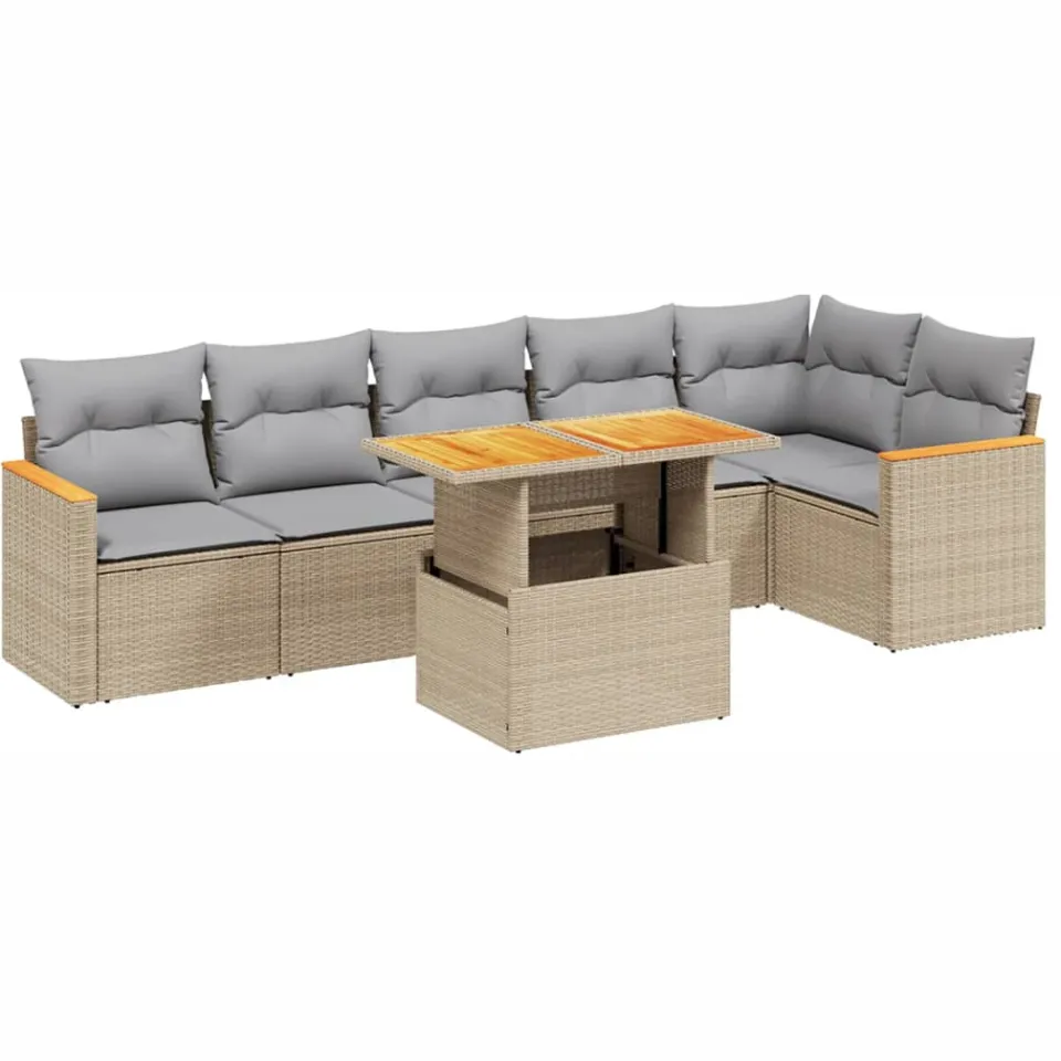 vidaXL 7-delige Loungeset met kussens poly rattan beige, foto 3